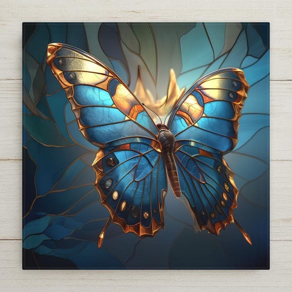 Blue Butterfly Wall Art Ceramic Tile – Stained Glass Butterfly Decor – Teal Nature Wall Decor – Botanical Home Decor Gift