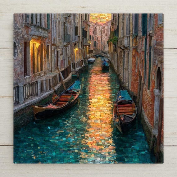 Venice Italy Ceramic Tile Wall Art - Venetian Canal Sunset Stained Glass Style European Travel Home Decor Gift