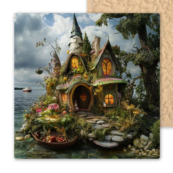 Enchanted Ceramic Fairy House Tile Art - Whimsical Fantasy Cottage Wall Decor - Fairycore Home Gift