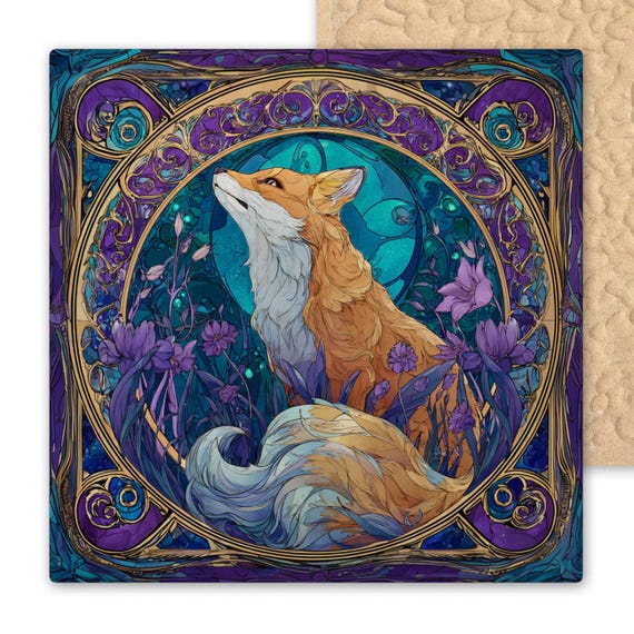 Kitsune Ceramic Tile Art - Stained Glass Style Fox Wall Decor with Moon and Purple Flowers - Mystical Japanese Spirit Animal Art for Home