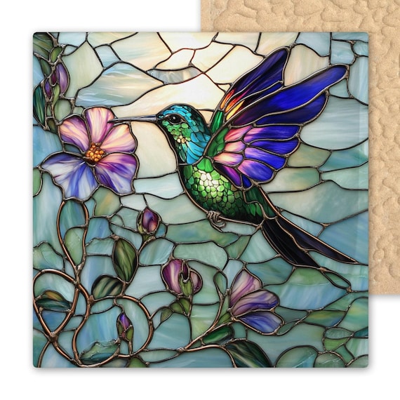Stained Glass-Inspired Ceramic Hummingbird Tile - Handmade Purple Floral Wall Art for Garden Lovers
