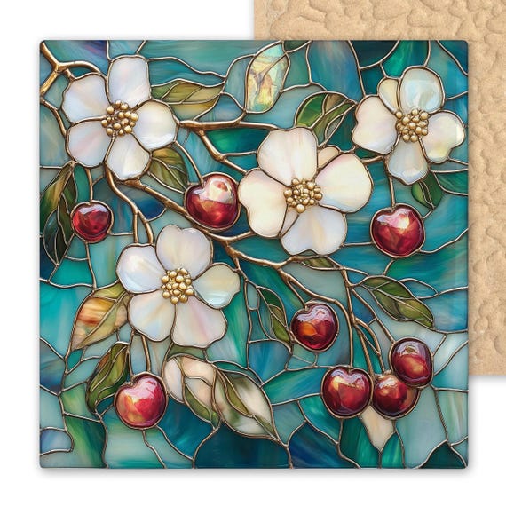 Cherry Blossom Ceramic Tile Wall Art: Stained Glass Look Botanical Decor for Kitchen, Garden Lovers