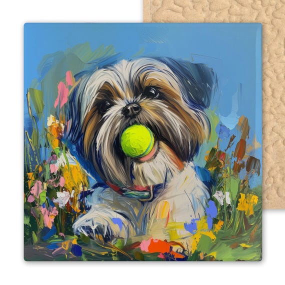 Shih Tzu Ceramic Tile Art – Adorable Dog Wall Art with Tennis Ball in Floral Field – Colorful Pet Portrait Gift for Small Dog Lovers