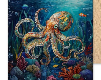 Coastal Octopus Ceramic Tile Art: Nautical Sea Life Mosaic for Beach Home Decor, Ocean-Inspired Wall Accent