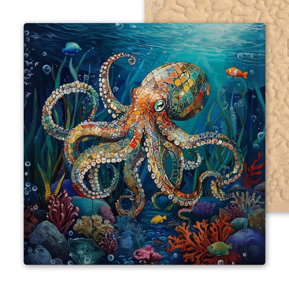 Octopus Ceramic Tile Art – Coastal Nautical Wildlife Decor – Art Deco Mosaic Sea Life Tile – Underwater Ocean Boho Beach Home Accent