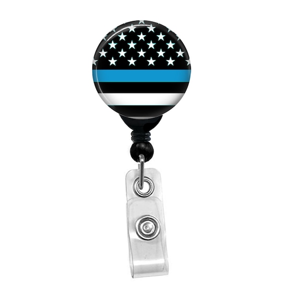 Thin Blue Line Stars Badge Reel - Retractable ID Holder for Police Officer Support - Patriotic Black White Flag Badge Clip Gift