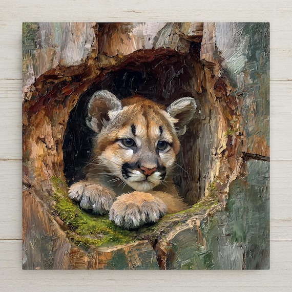 Baby Mountain Lion Ceramic Tile Wall Art – Woodland Wildlife Home Decor, Rustic Cabin Wall Decor, Nature Art Tile for Cozy Home Display