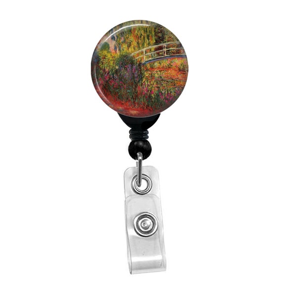 Monet Red Water Lilies Badge Reel – Garden Art ID Clip for Nurses Teachers – Impressionist Retractable Name Tag Holder Gift