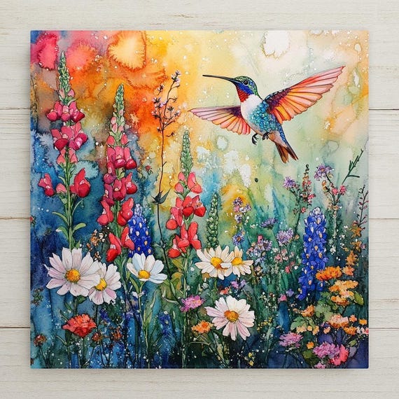 Hummingbird Ceramic Tile Art: Watercolor Floral Wall Decor with Poppies, Bluebonnets & Daisies