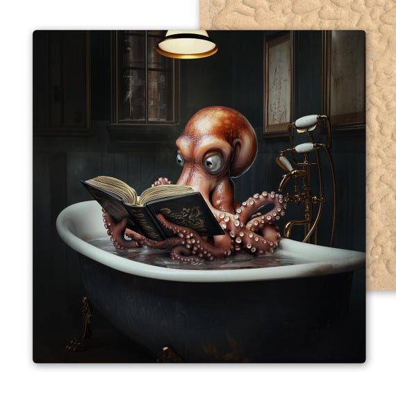 Whimsical Octopus Reading in Bathtub Ceramic Tile - Steampunk Bathroom Decor for Book and Sea Lovers