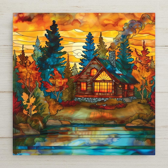 Rustic Autumn Cabin Landscape Tile: Stained Glass-Inspired Fall Wall Art for Cozy Woodland Decor