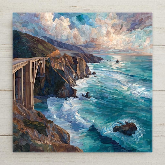 Bixby Creek Bridge Ceramic Tile Wall Art – Big Sur California Coast, Stained Glass Style Ocean Cliff Home Decor