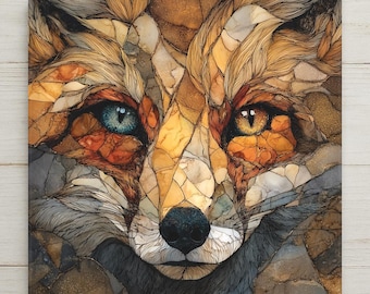 Fox Wall Art Ceramic Tile Stained Glass Style Forest Wildlife Decor Nature Animal Rustic Cabin Gift Woodland Mosaic Style