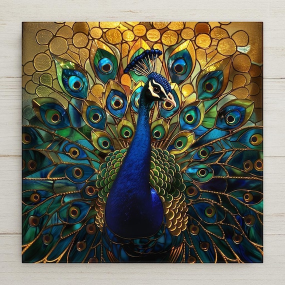 Peacock Ceramic Tile Wall Art: Stained Glass Style Nature Home Decor Bird Lover Gift Boho Colorful Artwork