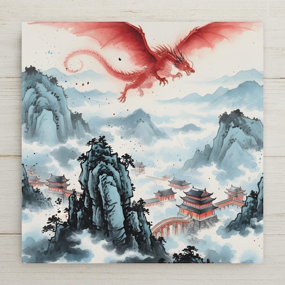 Chinese Dragon Wall Art Ceramic Tile – Asian Dragon Decor – Japanese Ink Style Dragon Art – Decorative Wall Tile – Asian Home Decor