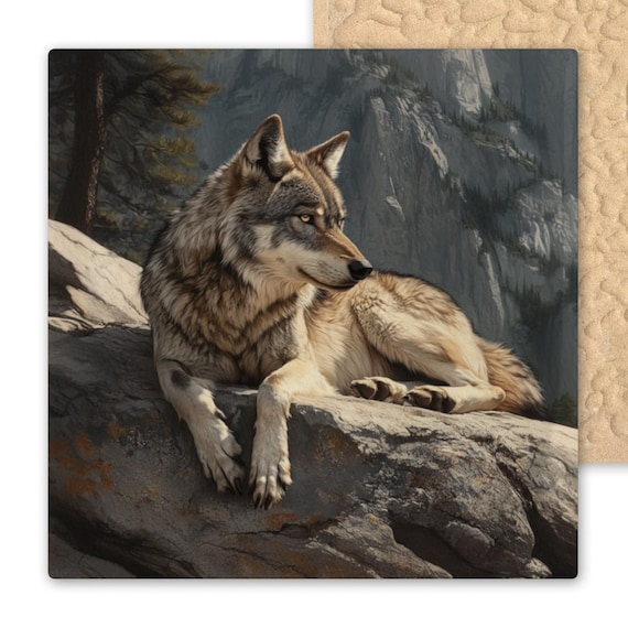 Audubon-Inspired Grey Wolf Ceramic Tile Art: Rustic Wildlife Decor for Cabin, Lodge, Mountain Home Display