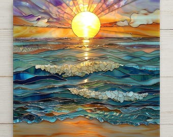 Ocean Sunset Ceramic Tile Wall Art – Stained Glass Style Coastal Seascape, Beach Wall Decor, Ocean Waves Home Decor Gift