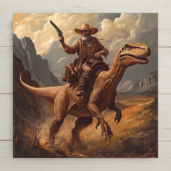 Western Velociraptor Cowboy Ceramic Tile Wall Art – Frontier Dinosaur Home Decor, Wild West Wall Decor Gift Epic Western Sci-Fi Illustration