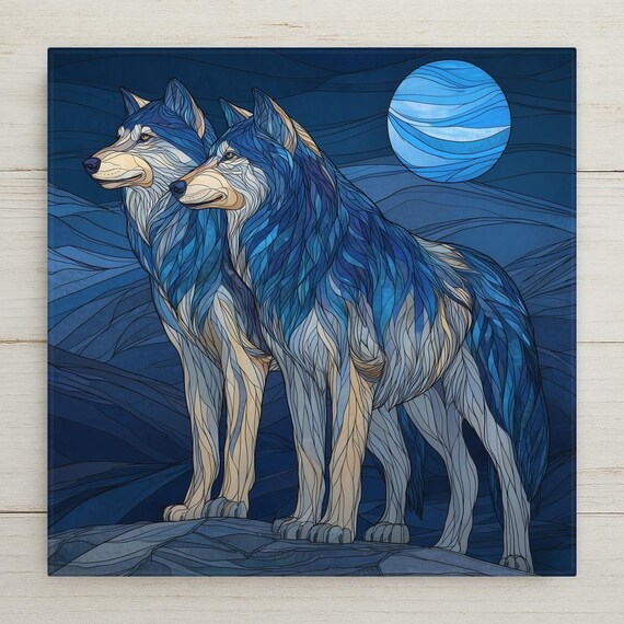 Wolf Pair Ceramic Tile Wall Art – Stained Glass Style Anniversary Gift for Couples, Romantic Home Decor, Symbolic Wall Art