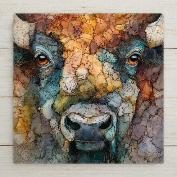 Buffalo Ceramic Tile Wall Art – Stained Glass Bison Portrait, Rustic Western Farmhouse Decor, Country Home Decor Wall Art Gift