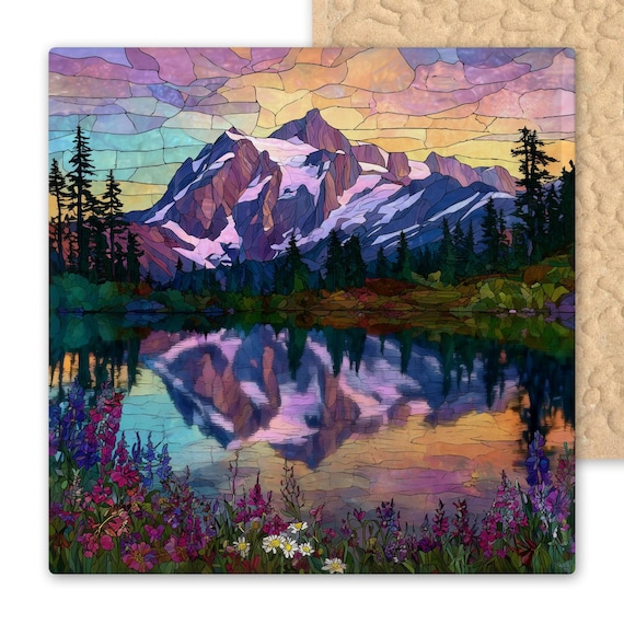 Mt Shuksan Wall Art Ceramic Tile Stained Glass Style Picture Lake with Wildflowers Mountain Landscape Décor Gift