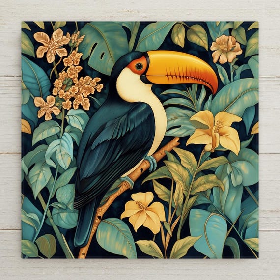 Toucan Wall Art Ceramic Tile William Morris Style Bird Lover Gift Tropical Botanical Decor Rainforest Art Nature Tile