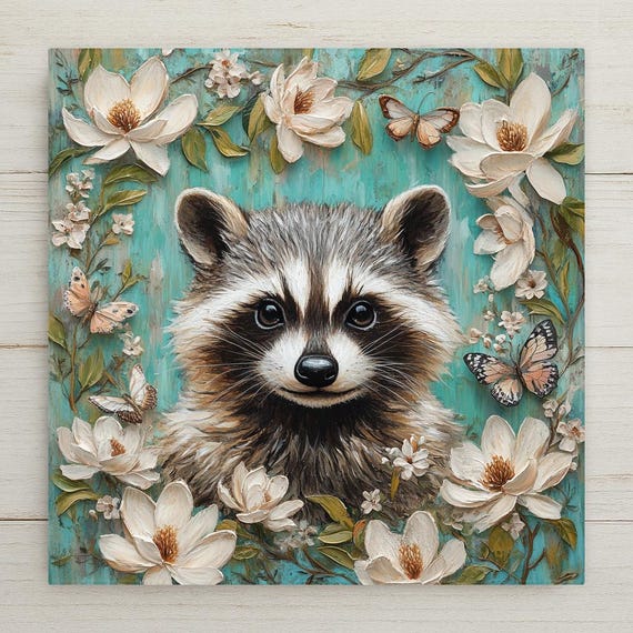 Whimsical Raccoon Ceramic Tile Wall Art - Teal Magnolia Blossoms Nature Decor Gift