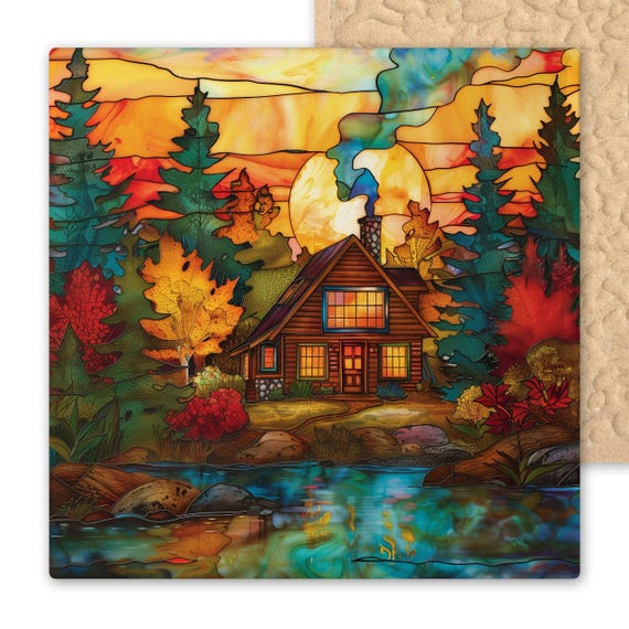 Rustic Autumn Cabin Ceramic Tile: Stained Glass Lake Reflection Art for Cozy Woodland Decor
