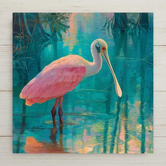 Roseate Spoonbill Ceramic Tile - Coastal Bird Wall Art, Stained Glass Style Home Decor, Pink Nature Accent