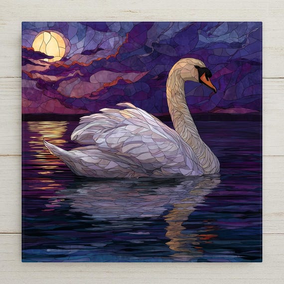 Moonlit Swan Ceramic Tile Wall Art – Stained Glass Style Lake Scene, Elegant Home Decor, Wall Decor, Serene Nature Art for Home Decor