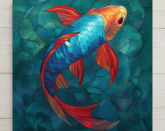 Colorful Koi Ceramic Art Tile – Modern Fish Wall Decor, Bold Teal Aquatic Zen Gift