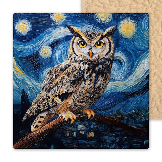 Van Gogh Inspired Owl & Starry Night Ceramic Tile Art - Decorative Wall Decor - Nature Bird Home Accent