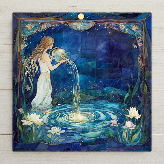 Art Nouveau Aquarius Zodiac Ceramic Tile - Astrology Wall Decor, Water Bearer Celestial Gift