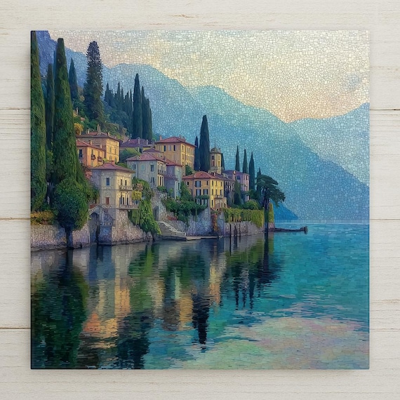 Lake Como Italy Ceramic Tile Wall Art – Italian Lakeside Village, Mediterranean Coastal Home Decor, Scenic European Travel Art