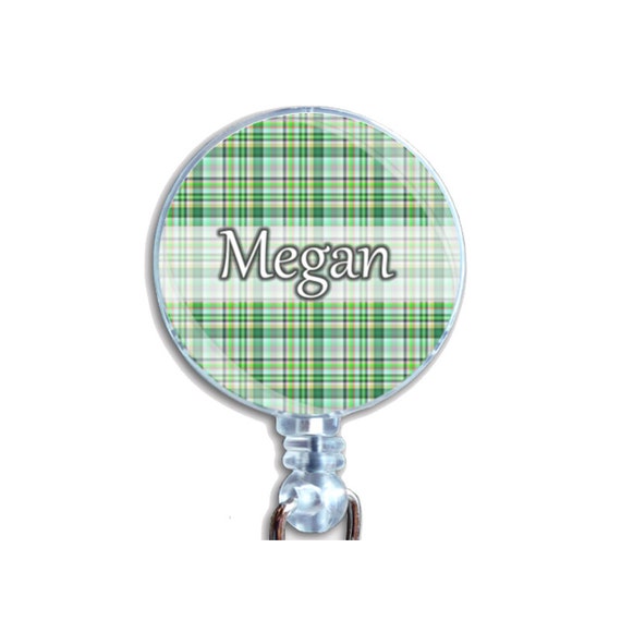 Personalized Custom Badge Reel ID Retractable Card Holder Green Plaid Pattern Just Add Your Name