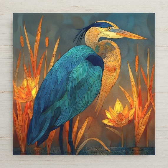 Teal & Amber Heron Ceramic Tile Art - Stained Glass Style Nature Wall Decor for Lake House