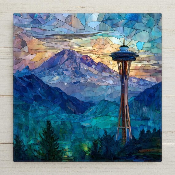 Seattle Space Needle Ceramic Tile: Mt. Rainier Skyline Stained Glass Wall Art - Washington Landmark Gift