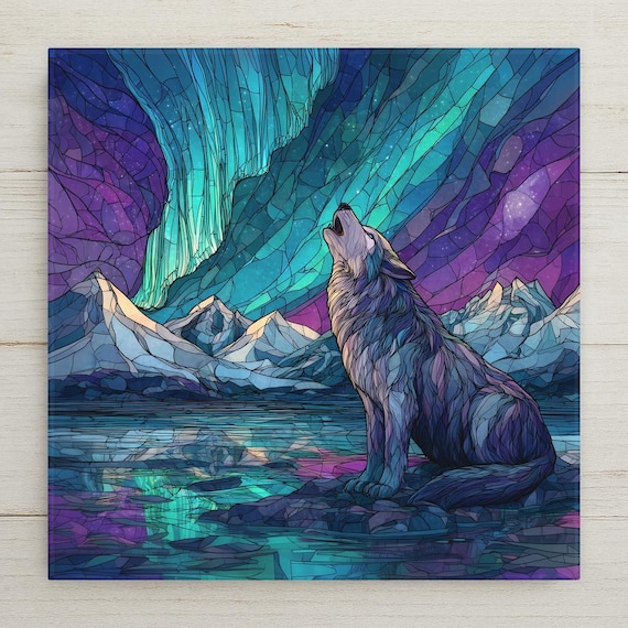 Wolf Ceramic Tile Wall Art – Stained Glass Style Aurora Borealis Decor, Mountain Wildlife Artwork, Rustic Nature Home Decor Gift