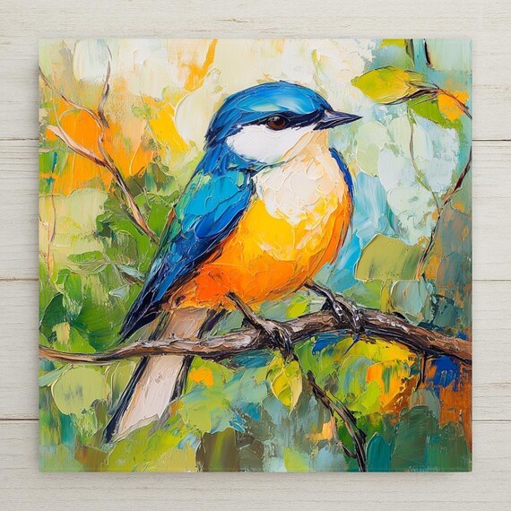 Expressionist Songbird Ceramic Art Tile: Colorful Wall Decor, Nature-Inspired Trivet, Unique Birder Gift
