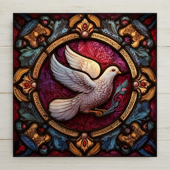Dove Ceramic Tile Wall Art – Cathedral Stained Glass Style Christian Home Decor, Peace Dove Wall Decor, Spiritual Gift, Religious Art Tile