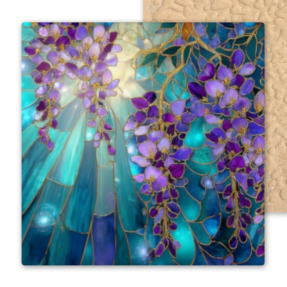 Wisteria Ceramic Tile Art – Stained Glass Style Purple Floral Wall Decor – Sunlit Botanical Gift for Gardeners, Nature, or Spring Homes
