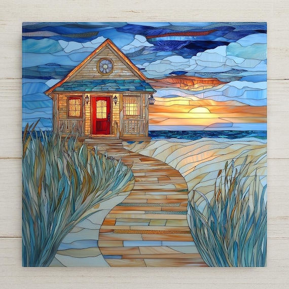 Vibrant Stained Glass Sunset Beach Cottage Tile - Coastal Wall Art for Ocean Home Decor