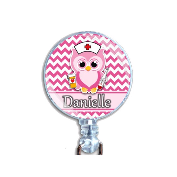 Personalized Custom Badge Reel ID Retractable Card Holder Nurse Owl Pink Chevrons Just Add Your Name