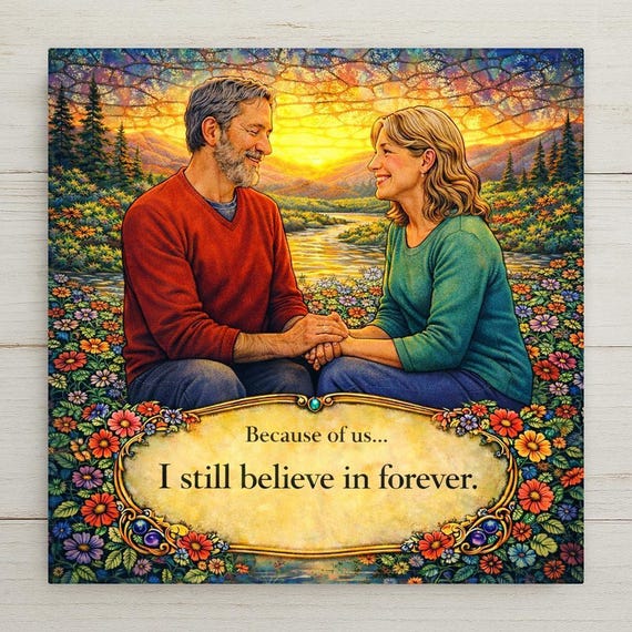 Anniversary Wall Art Ceramic Tile – Romantic Sunset Couple Decor, “I Still Believe in Forever” Marriage Home Decor
