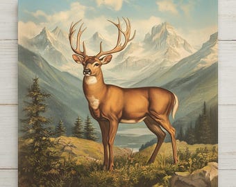 Könnte beinhalten: Ein quadratischer Wandkunstdruck, der einen braunen Hirsch mit großem Geweih auf einer grasbewachsenen Wiese zeigt. Im Hintergrund ist ein Tal mit Nadelbäumen und hohen, schneebedeckten Berggipfeln unter einem hellen, bewölkten Himmel zu sehen.