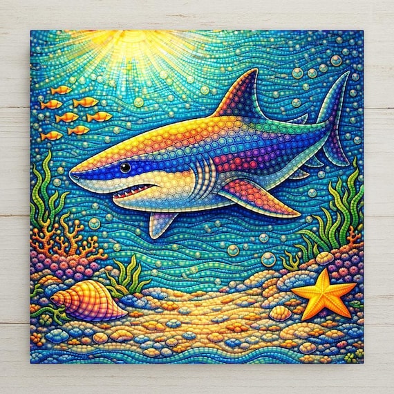 Whimsical Shark Ceramic Tile Wall Art – Ocean Nursery Decor, Coastal Baby Shower Gift, Colorful Sea Life Home Decor