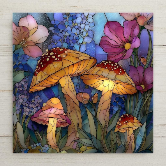 Stained Glass Style Mushroom Ceramic Tile Wall Art – Whimsical Woodland Fungi Design, Fairy Garden Wall Decor, Nature Home Decor