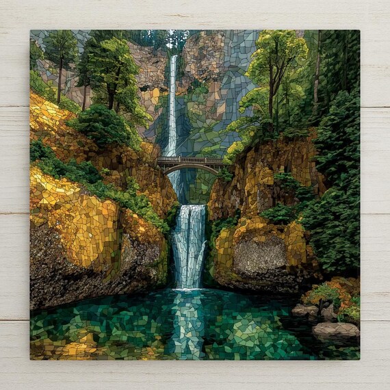 Multnomah Falls Wall Art Ceramic Tile Stained Glass Style Oregon Gift Waterfall Decor Place Identity
