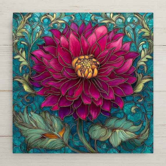 Magenta Dahlia Wall Art Ceramic Tile – Stained Glass Floral Home Decor, Bold Botanical Teal Background Wall Decor