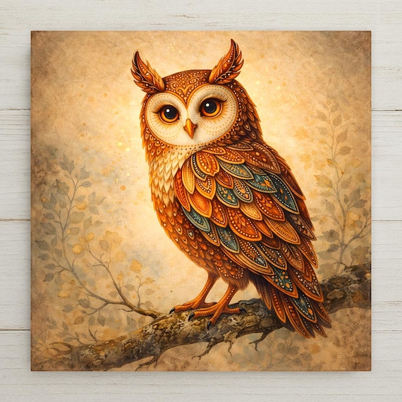 Owl Wall Art Ceramic Tile – Whimsical Woodland Owl Wall Decor – Rustic Cabin Home Decor Nature Bird Wall Art